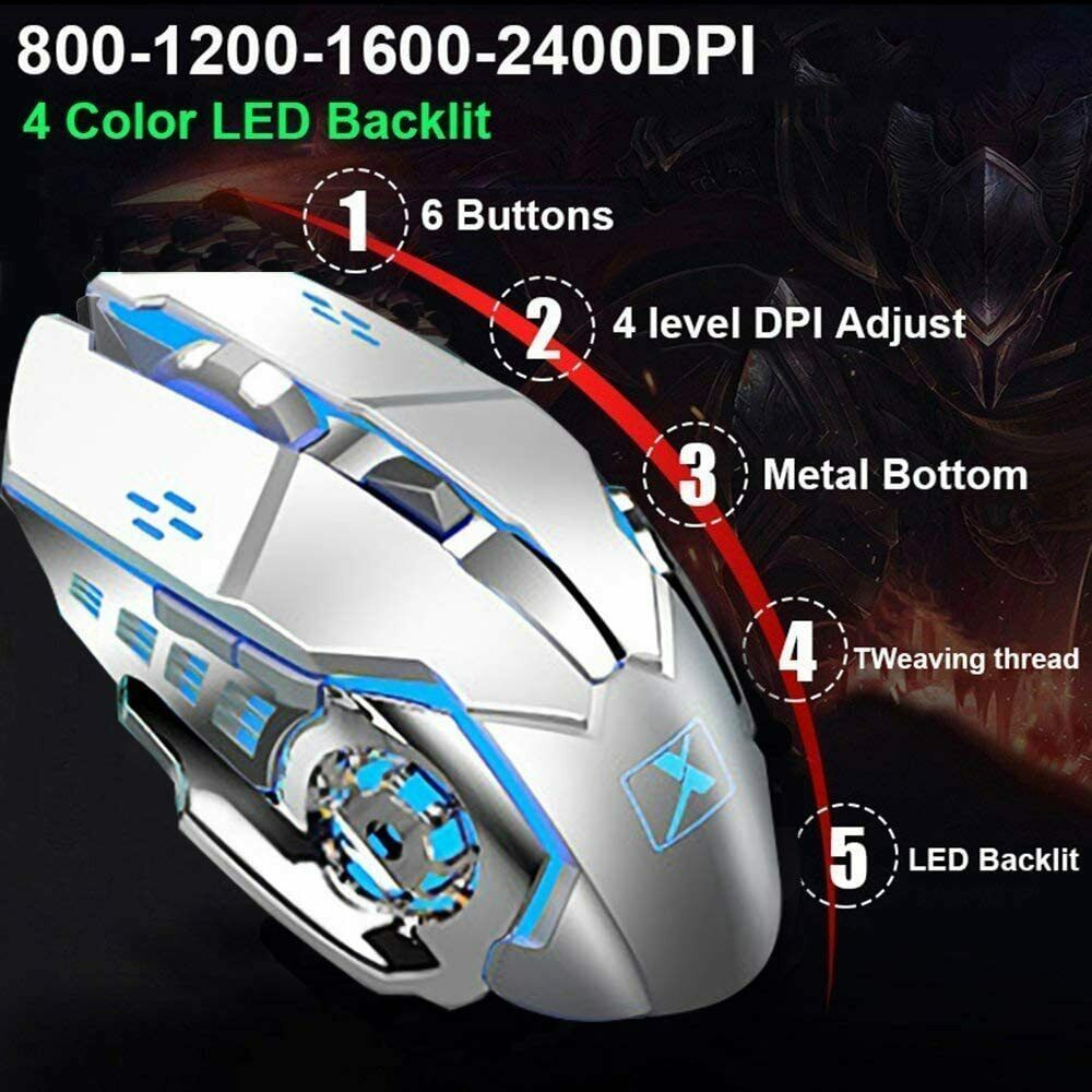 3in1 2.4G Wireless Rainbow Gaming Keyboard Mouse Set LED Backlit For PC PS4