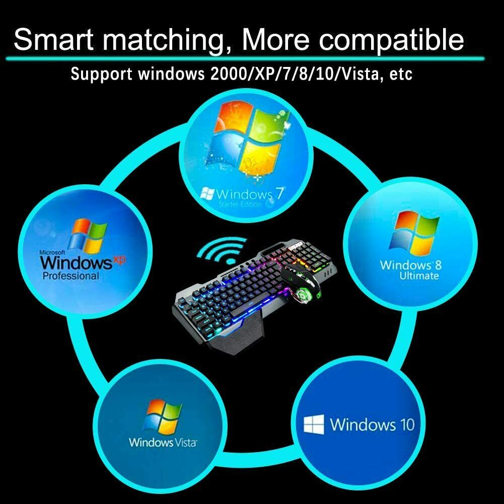 3in1 2.4G Wireless Rainbow Gaming Keyboard Mouse Set LED Backlit For PC PS4