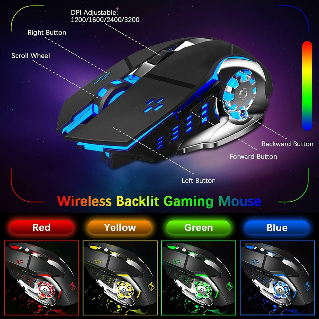 3in1 2.4G Wireless Rainbow Gaming Keyboard Mouse Set LED Backlit For PC PS4